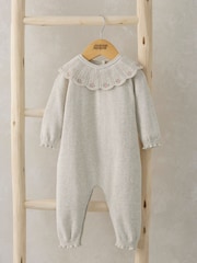 Mamas & Papas 100% Cotton Knitted Scallop Collar Floral Embroidered Grey Romper - Image 1 of 2