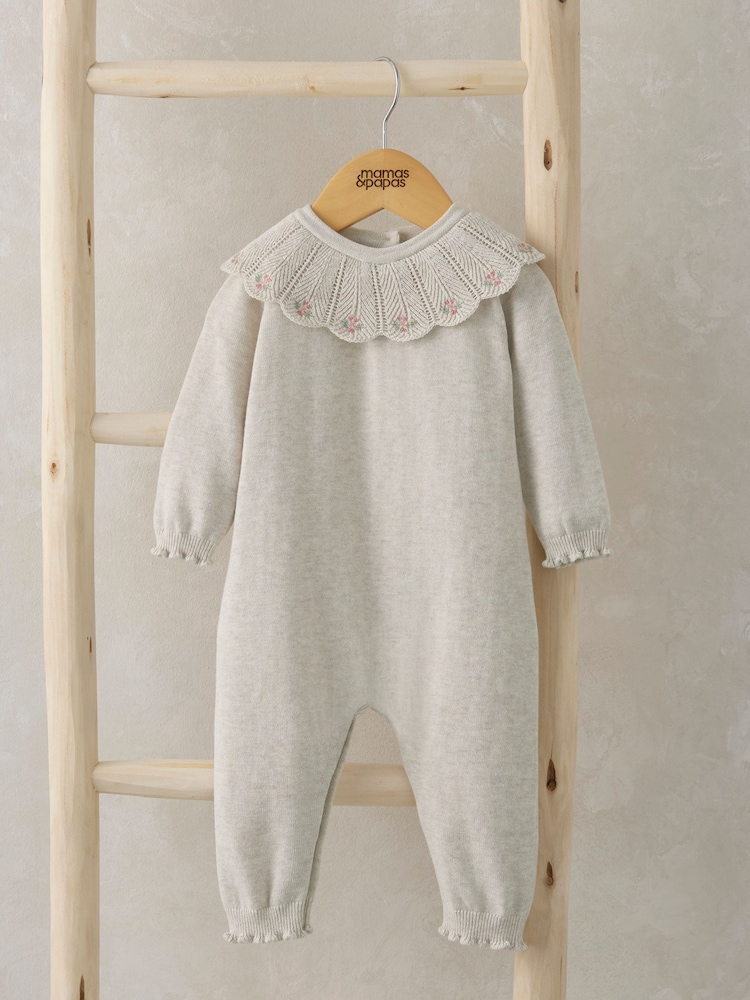 Mamas & Papas 100% Cotton Knitted Scallop Collar Floral Embroidered Grey Romper - Image 1 of 2