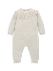 Mamas & Papas 100% Cotton Knitted Scallop Collar Floral Embroidered Grey Romper - Image 2 of 2