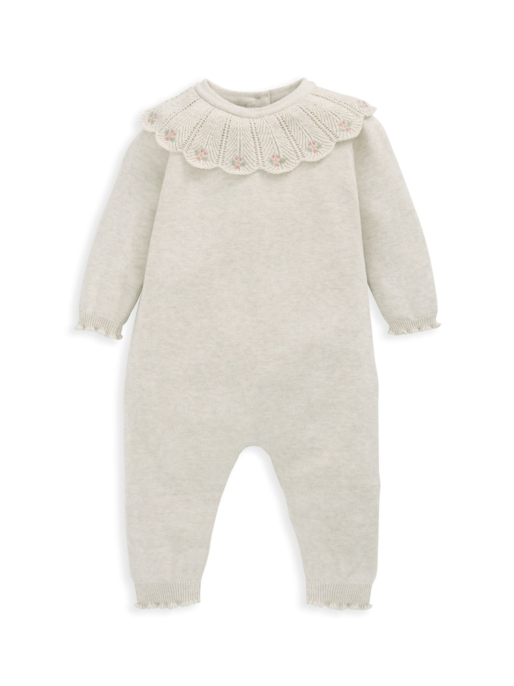Mamas & Papas 100% Cotton Knitted Scallop Collar Floral Embroidered Grey Romper - Image 2 of 2