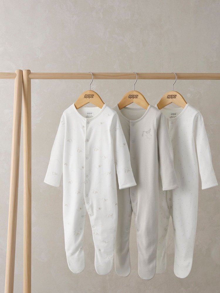 Mamas & Papas 100% Cotton Stork White Sleepsuits 3 Pack - Image 2 of 2