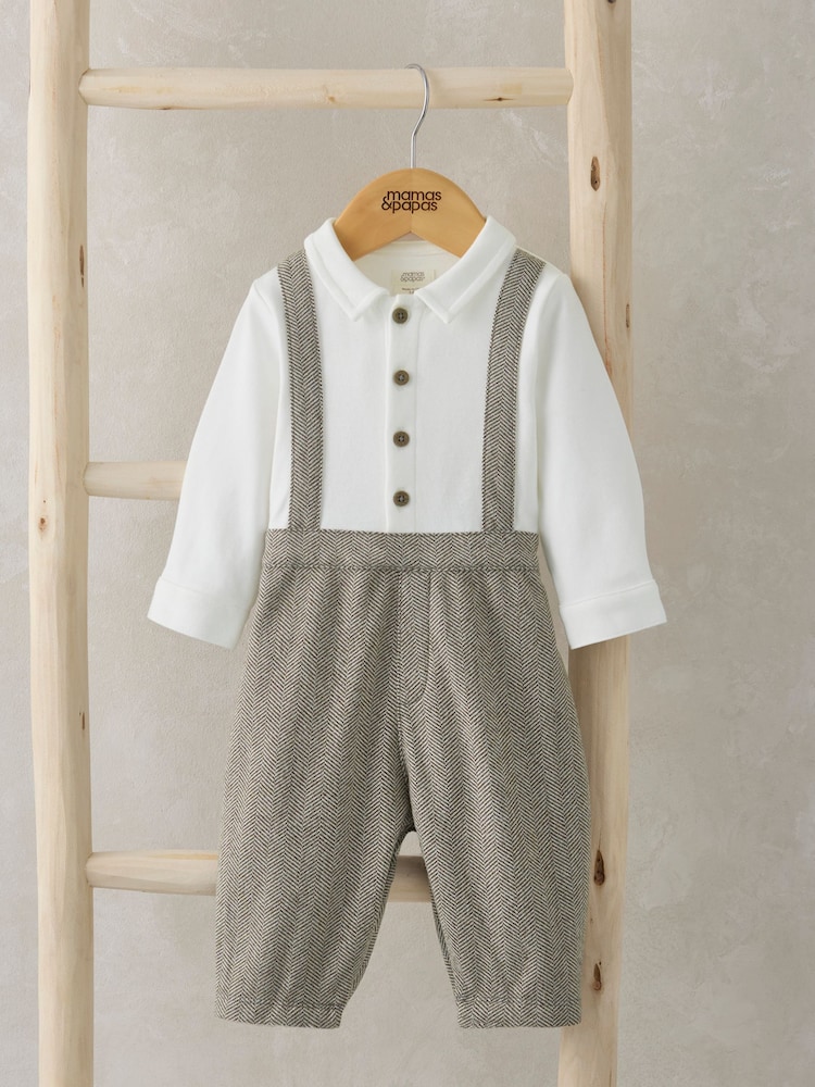 Mamas & Papas 100% Cotton Herringbone Mock Brown Romper - Image 1 of 3