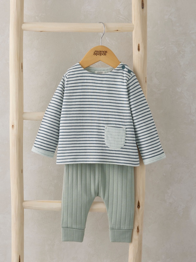 Mamas & Papas Blue 100% Cotton Stripe Top And Legging Set - Image 1 of 4 Mamas & Papas Blue 100% Cotton Stripe Top And Legging Set - Image 1 of 4