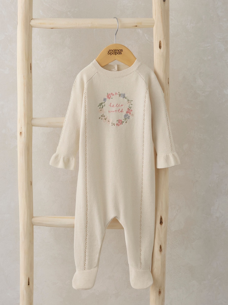 Mamas & Papas Cream 100% Cotton Hello World Embroidered Knit Sleepsuit - Image 1 of 3