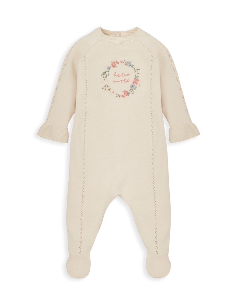 Mamas & Papas Cream 100% Cotton Hello World Embroidered Knit Sleepsuit - Image 2 of 3 Mamas & Papas Cream 100% Cotton Hello World Embroidered Knit Sleepsuit - Image 2 of 3