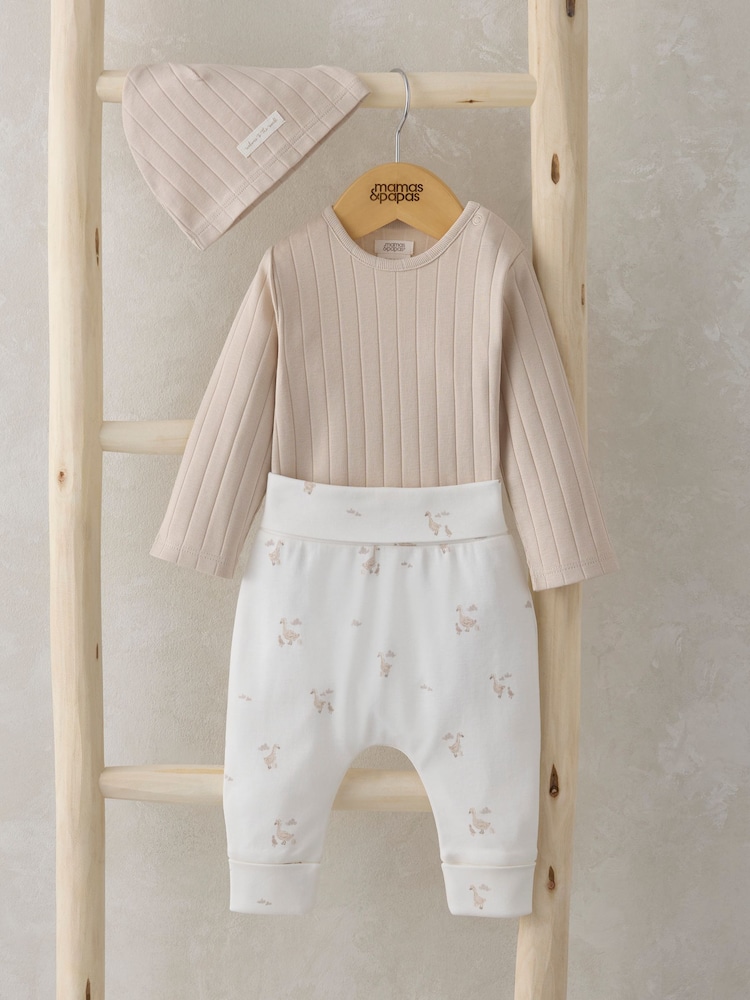 Mamas & Papas 100% Cotton Duckling Brown Bodysuit Leggings And Hat Set - Image 1 of 8