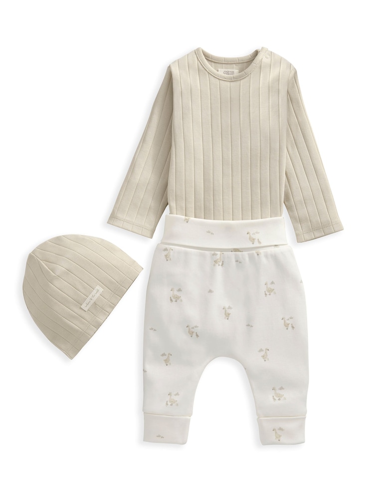Mamas & Papas 100% Cotton Duckling Brown Bodysuit Leggings And Hat Set - Image 5 of 8