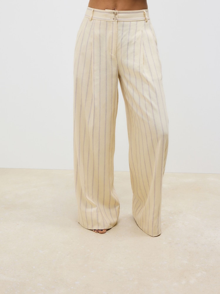 Jaune - Pantalon large rayé à dos élastique en lin - Image 3 of 7
