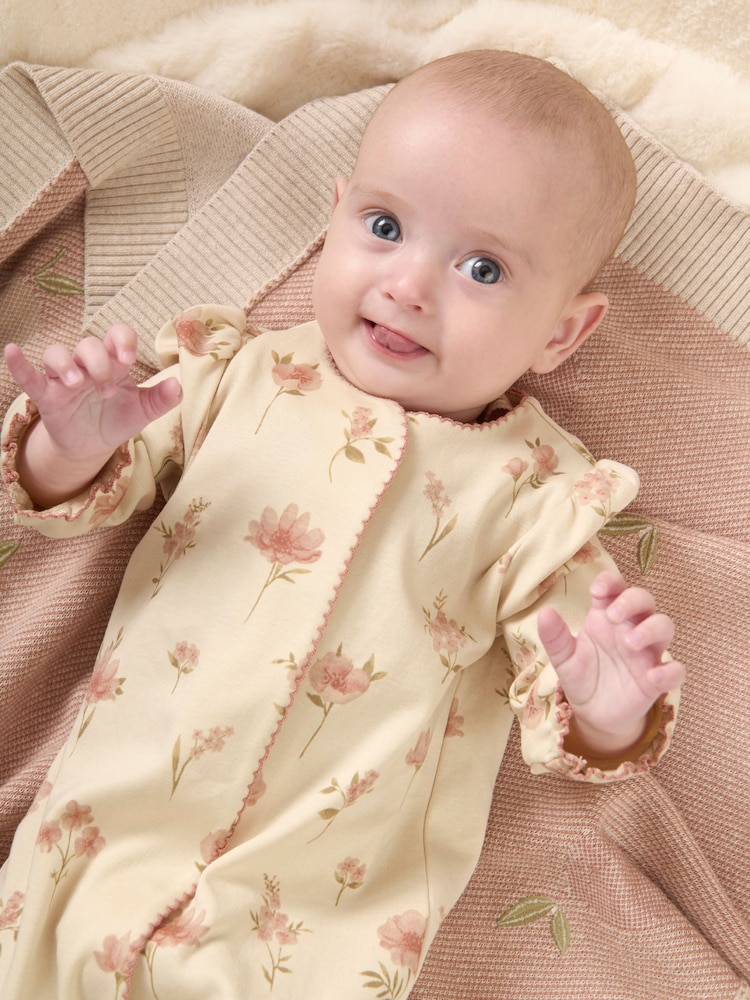 Mamas & Papas Cream 100% Cotton Watercolour Floral Print Sleepsuit - Image 2 of 7