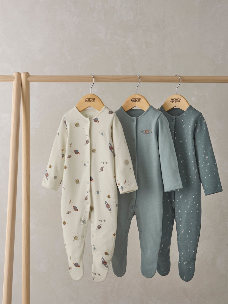 Mamas & Papas modra 100% Cotton Planets Sleepsuits 3 komplet - Slika 1 iz 3