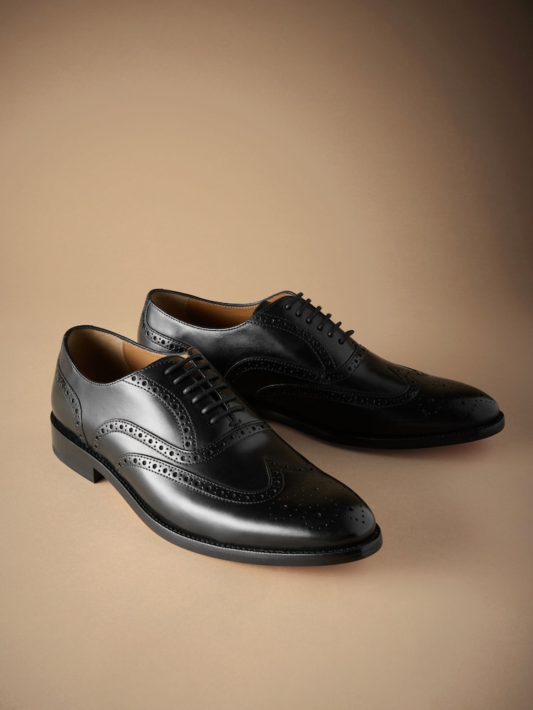 Black Standard Fit Signature Italian Leather Wingcap Brogue Shoes - Image 1 of 5