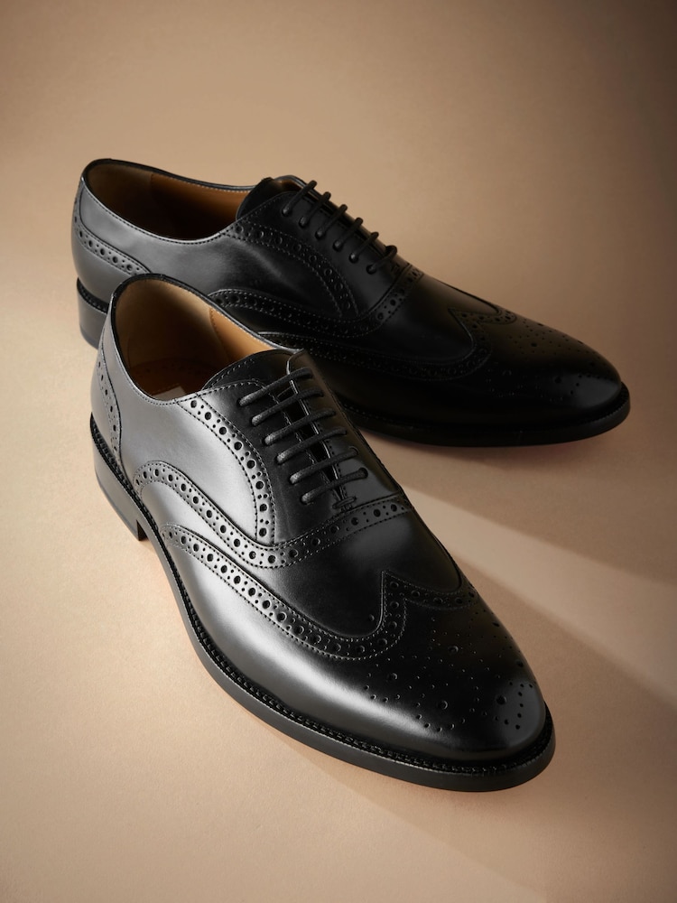 Black Standard Fit Signature Italian Leather Wingcap Brogue Shoes - Image 4 of 5