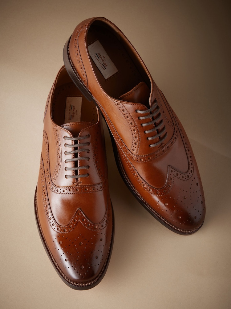 Tan Brown Standard Fit Signature Italian Leather Wingcap Brogue Shoes - Image 2 of 5