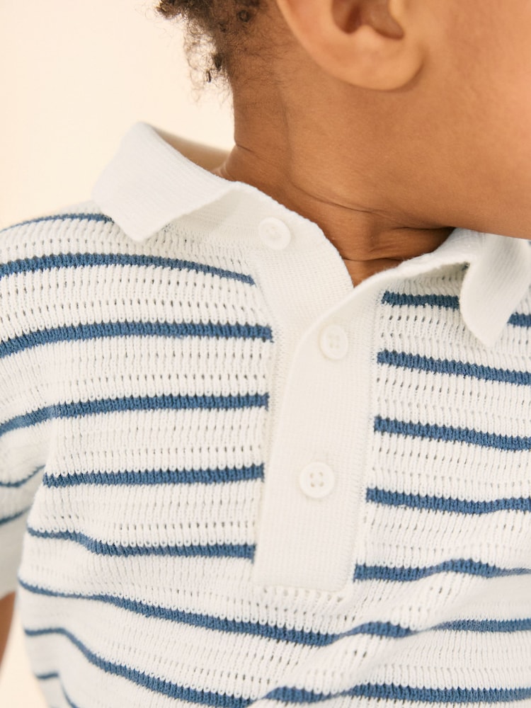 Navy Blue/White Button Neck Knitted 100% Cotton Polo Shirt (3mths-7yrs) - Image 3 of 7