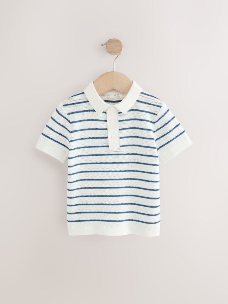 Navy Blue/White Button Neck Knitted 100% Cotton Polo Shirt (3mths-7yrs) - Image 4 of 7