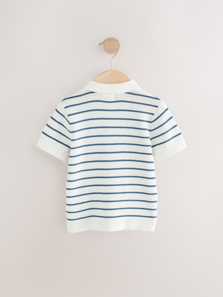Navy Blue/White Button Neck Knitted 100% Cotton Polo Shirt (3mths-7yrs) - Image 5 of 7