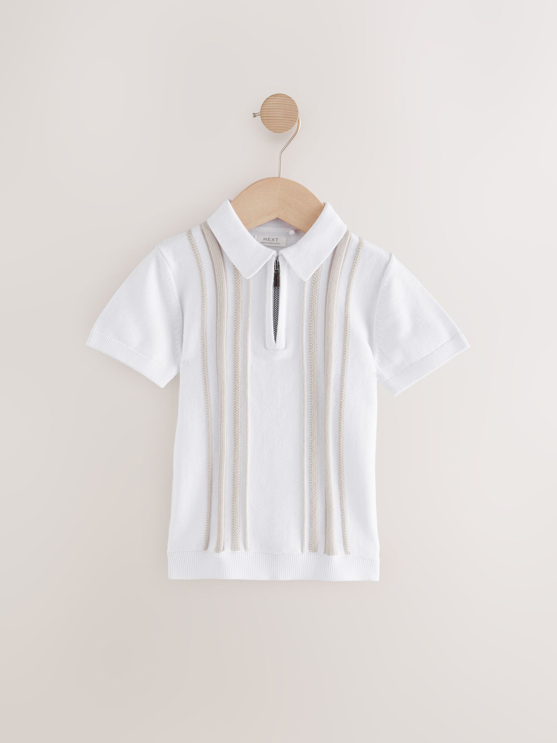 Buy White Vertical Stripe 100% Cotton Knitted Zip Neck Polo Shirt