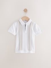 White Vertical Stripe 100% Cotton Knitted Zip Neck Polo Shirt (3mths-7yrs) - Image 1 of 4
