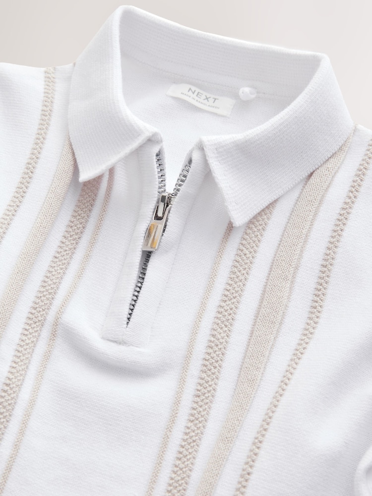 White Vertical Stripe 100% Cotton Knitted Zip Neck Polo Shirt (3mths-7yrs) - Image 3 of 4
