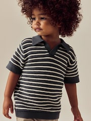 Charcoal Grey Stripe Short Sleeve Trophy Neck 100% Cotton Polo Shirt (3mths-7yrs) - Image 1 of 8