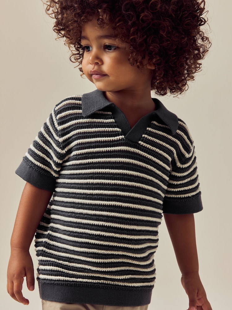 Charcoal Grey Stripe Short Sleeve Trophy Neck 100% Cotton Polo Shirt (3mths-7yrs) - Image 1 of 8 Charcoal Grey Stripe Short Sleeve Trophy Neck 100% Cotton Polo Shirt (3mths-7yrs) - Image 1 of 8