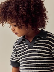 Charcoal Grey Stripe Short Sleeve Trophy Neck 100% Cotton Polo Shirt (3mths-7yrs) - Image 2 of 8