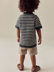Charcoal Grey Stripe Short Sleeve Trophy Neck 100% Cotton Polo Shirt (3mths-7yrs) - Image 3 of 8