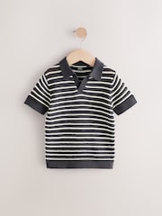 Charcoal Grey Stripe Short Sleeve Trophy Neck 100% Cotton Polo Shirt (3mths-7yrs) - Image 5 of 8