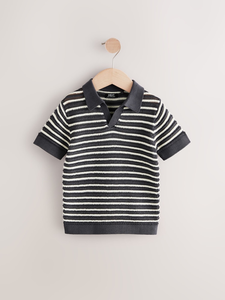 Charcoal Grey Stripe Short Sleeve Trophy Neck 100% Cotton Polo Shirt (3mths-7yrs) - Image 5 of 8