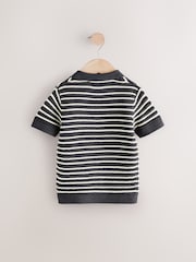 Charcoal Grey Stripe Short Sleeve Trophy Neck 100% Cotton Polo Shirt (3mths-7yrs) - Image 6 of 8