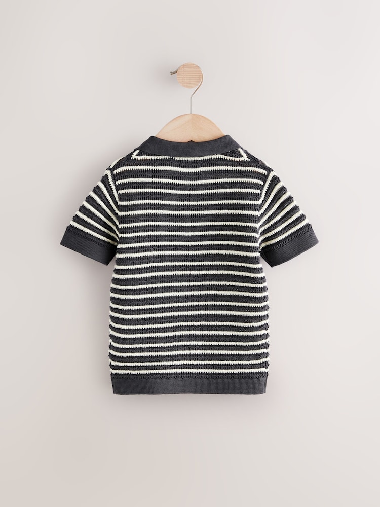 Charcoal Grey Stripe Short Sleeve Trophy Neck 100% Cotton Polo Shirt (3mths-7yrs) - Image 6 of 8