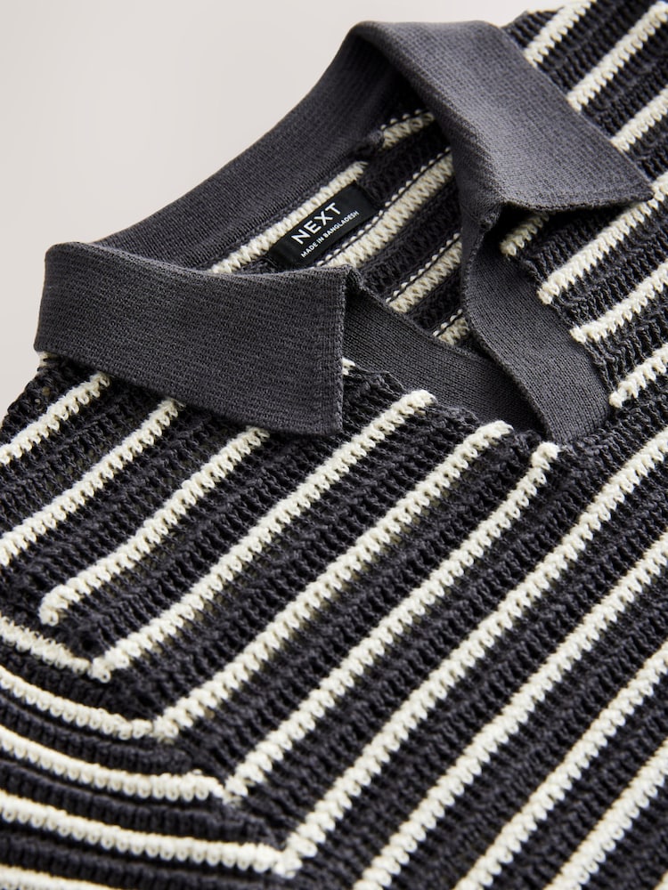 Charcoal Grey Stripe Short Sleeve Trophy Neck 100% Cotton Polo Shirt (3mths-7yrs) - Image 7 of 8