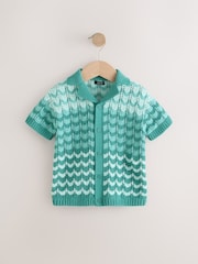 Green Crochet Revere Collar Short Sleeve Knitted Polo Shirt (3mths-7yrs) - Image 1 of 4
