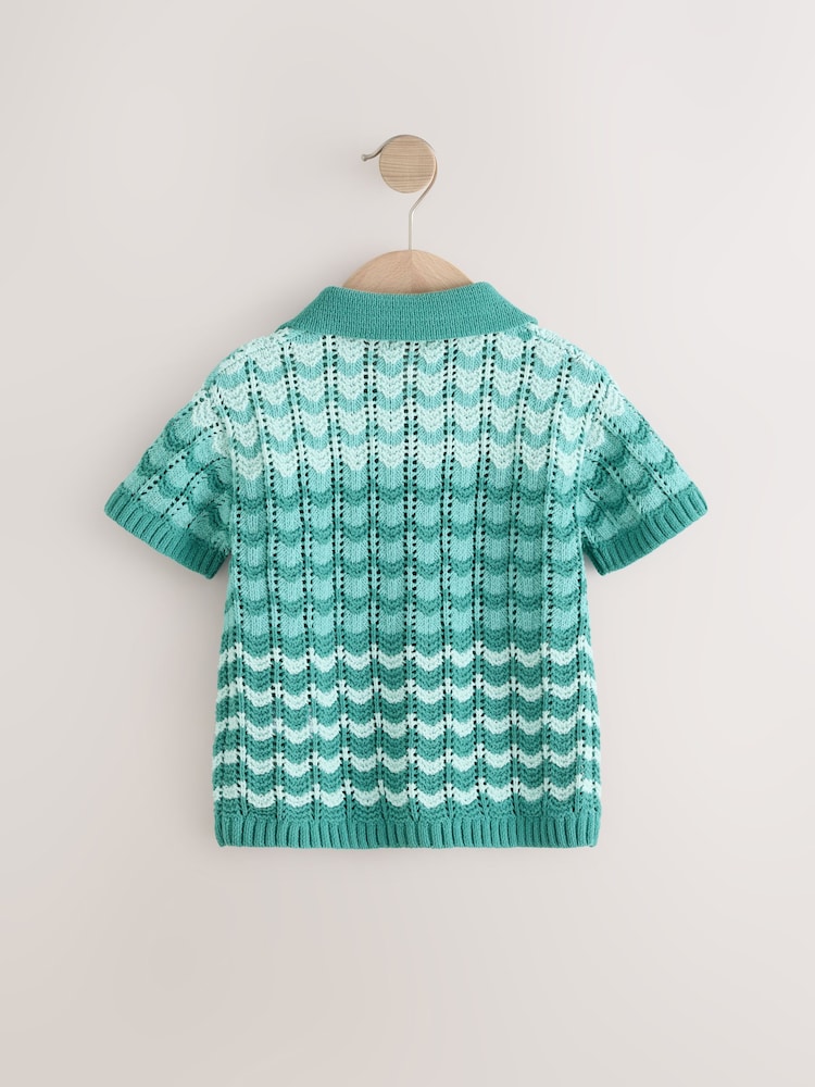 Green Crochet Revere Collar Short Sleeve Knitted Polo Shirt (3mths-7yrs) - Image 2 of 4