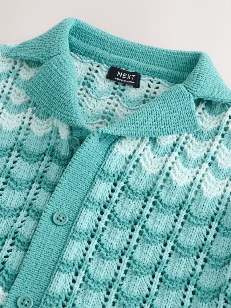 Green Crochet Revere Collar Short Sleeve Knitted Polo Shirt (3mths-7yrs) - Image 3 of 4