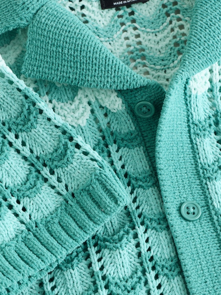 Green Crochet Revere Collar Short Sleeve Knitted Polo Shirt (3mths-7yrs) - Image 4 of 4