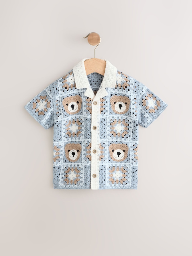Blue Bear Crochet Revere Collar Short Sleeve Knitted Polo Shirt (3mths-7yrs) - Image 1 of 4