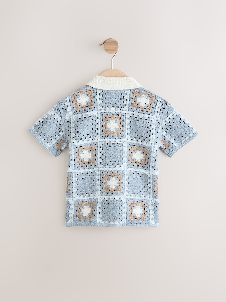 Blue Bear Crochet Revere Collar Short Sleeve Knitted Polo Shirt (3mths-7yrs) - Image 2 of 4