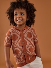 Rust Brown Textured Revere Collar Short Sleeve Knitted 100% Cotton Polo Shirt (3mths-7yrs) - Image 1 of 8