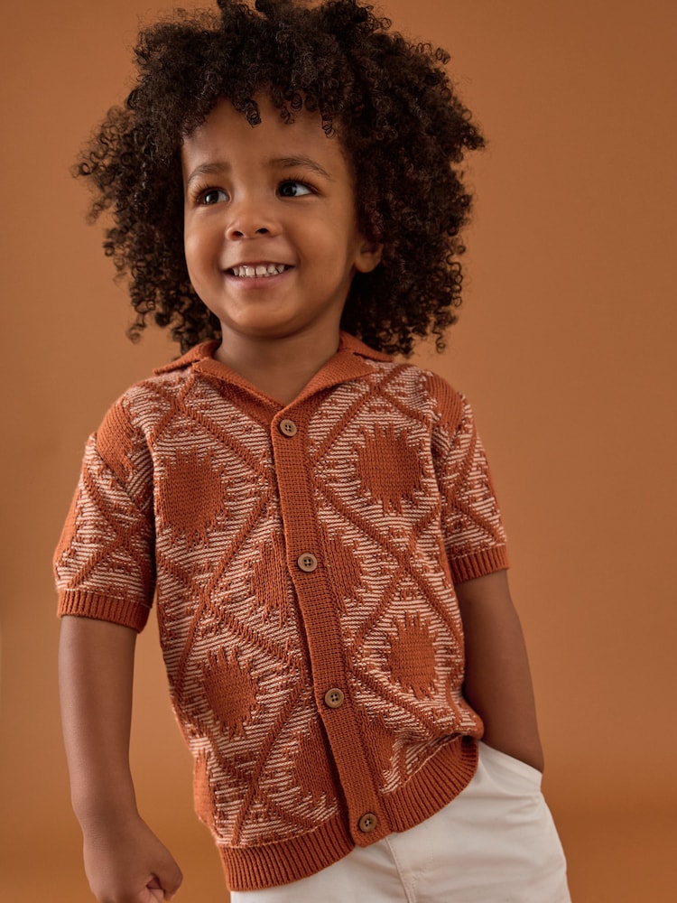 Rust Brown Textured Revere Collar Short Sleeve Knitted 100% Cotton Polo Shirt (3mths-7yrs) - Image 1 of 8