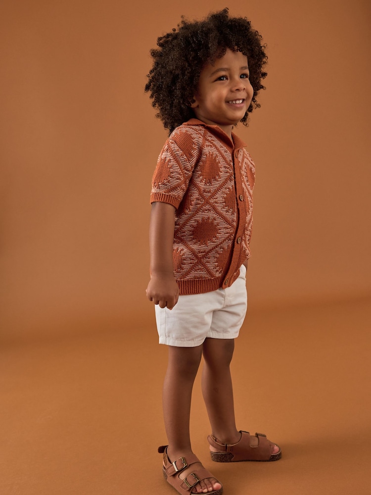Rust Brown Textured Revere Collar Short Sleeve Knitted 100% Cotton Polo Shirt (3mths-7yrs) - Image 2 of 8