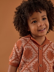 Rust Brown Textured Revere Collar Short Sleeve Knitted 100% Cotton Polo Shirt (3mths-7yrs) - Image 4 of 8