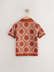 Rust Brown Textured Revere Collar Short Sleeve Knitted 100% Cotton Polo Shirt (3mths-7yrs) - Image 6 of 8