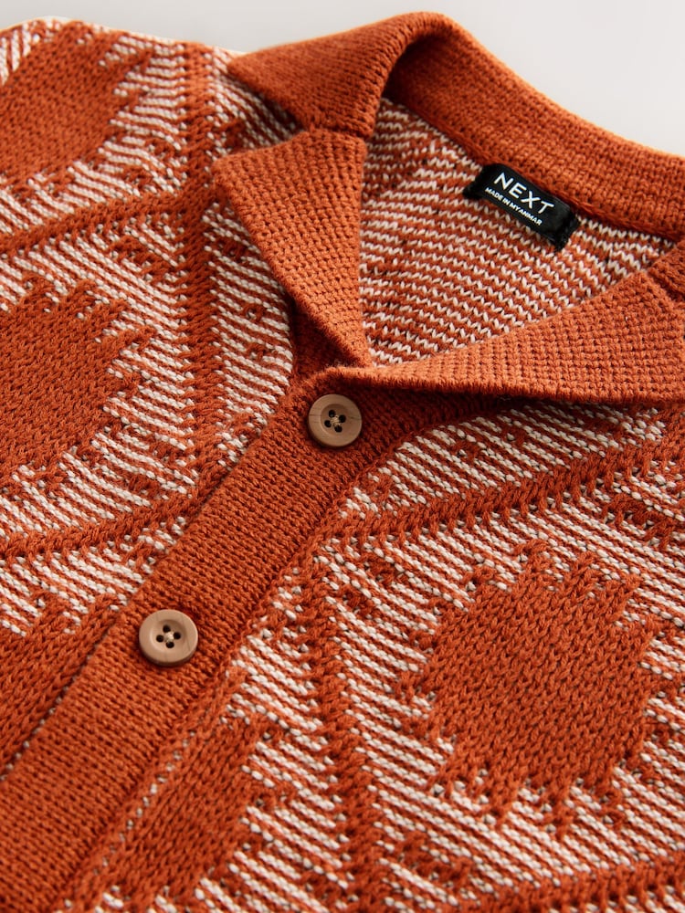 Rust Brown Textured Revere Collar Short Sleeve Knitted 100% Cotton Polo Shirt (3mths-7yrs) - Image 8 of 8