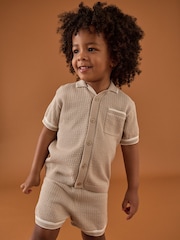 Taupe Textured Revere Collar Knitted Polo Shirt and Shorts Set (3mths-10yrs) - Image 1 of 8