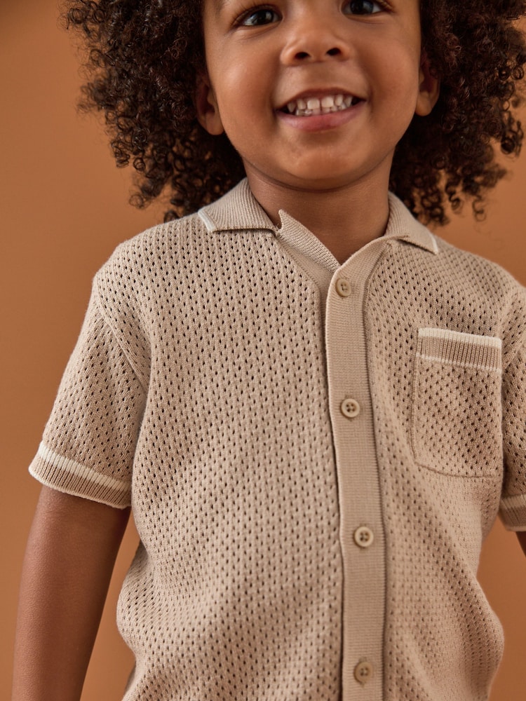 Taupe Textured Revere Collar Knitted Polo Shirt and Shorts Set (3mths-10yrs) - Image 2 of 8