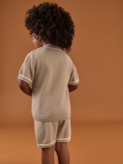 Taupe Textured Revere Collar Knitted Polo Shirt and Shorts Set (3mths-10yrs) - Image 3 of 8