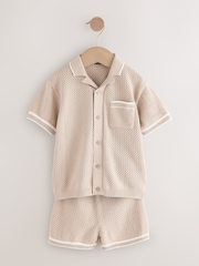 Taupe Textured Revere Collar Knitted Polo Shirt and Shorts Set (3mths-10yrs) - Image 4 of 8