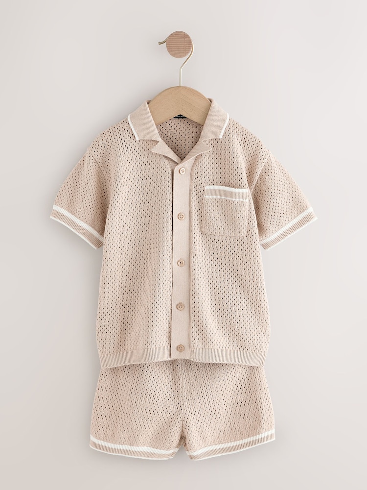 Taupe Textured Revere Collar Knitted Polo Shirt and Shorts Set (3mths-10yrs) - Image 4 of 8