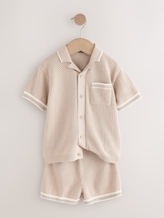 Taupe Textured Revere Collar Knitted Polo Shirt and Shorts Set (3mths-10yrs) - Image 5 of 8
